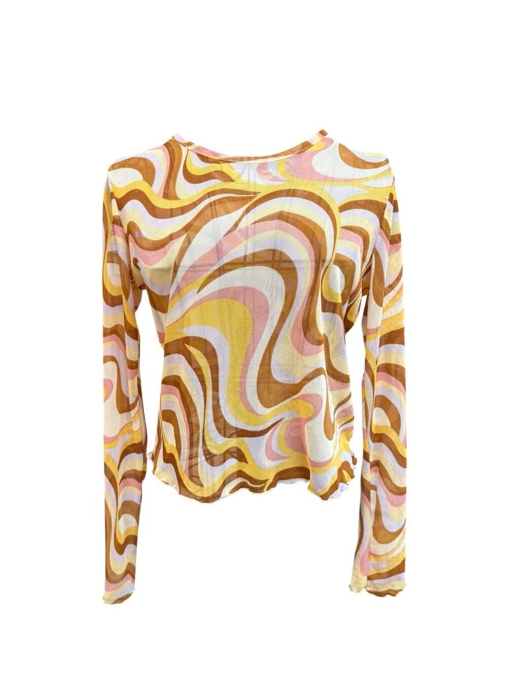 Retro Swirl Cropped Long-Sleeve Sheer Top in Mustard & Pink Medium